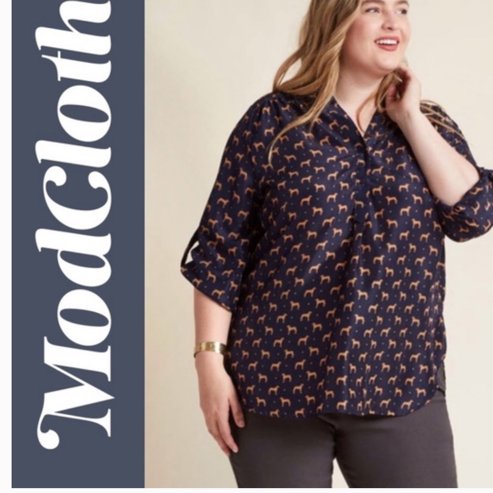Fun2Fun Modcloth Tunic Blouse Falling in Puppy Love Dog Quirky Top Navy Tan 1X